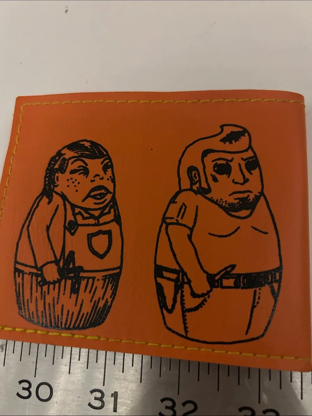 Orange Leather Card Holder with Illustrated Dwarves